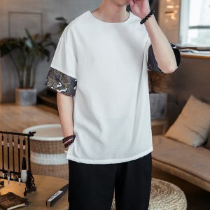(image for) Summer Creative Solid Color Large Size Loose Shoulder Short Sleeves Spliced ​​Round Neck Interesting Youth Casual Short Sleeves-T04-P40